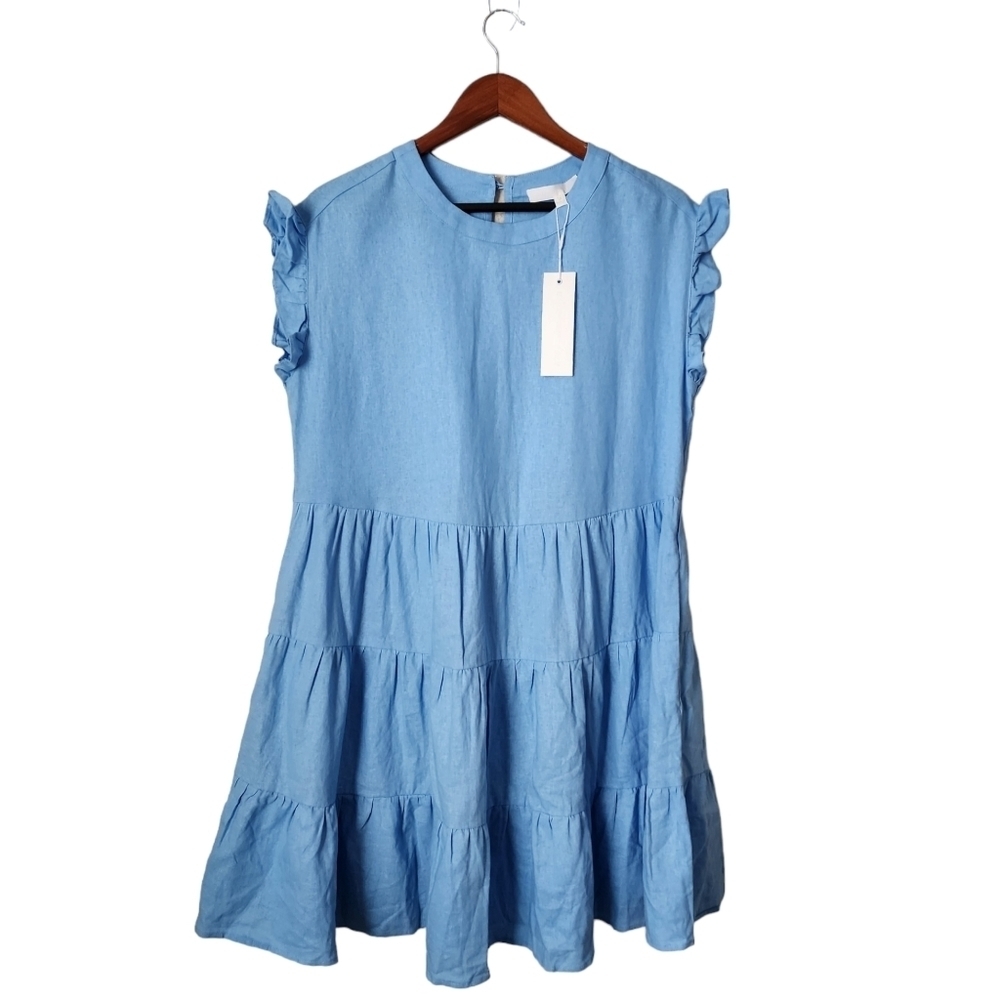 ADYSON PARKER Linen Tiered‎ Shift Dress Plus Size XL Ruffle Sleeve Babydoll NEW